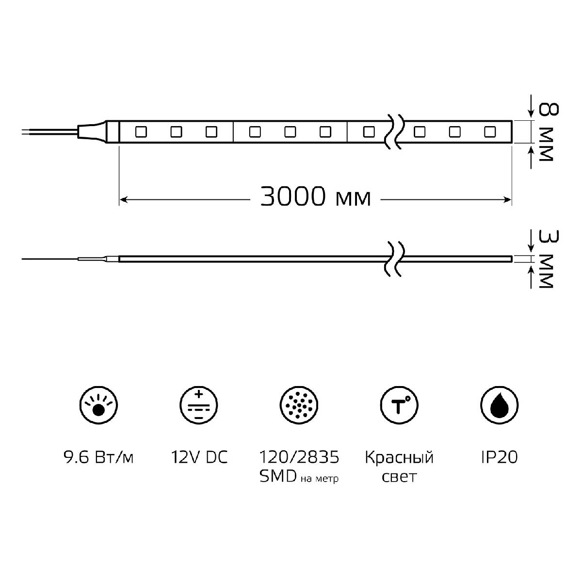 Светодиодная лента Gauss Basic 12В 2835 9,6Вт/м красный 3м IP20 BT066