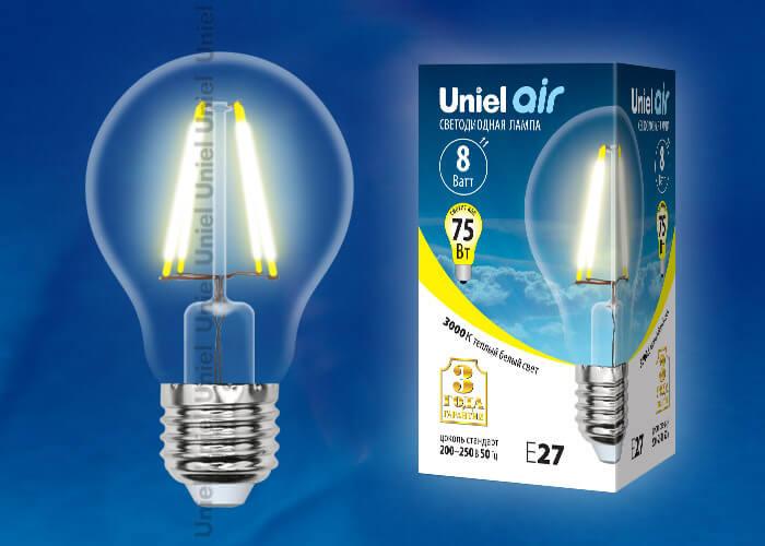 Лампа светодиодная филаментная (UL-00002210) Uniel E27 8W 3000K прозрачная LED-A60-8W/WW/E27/CL GLA01TR