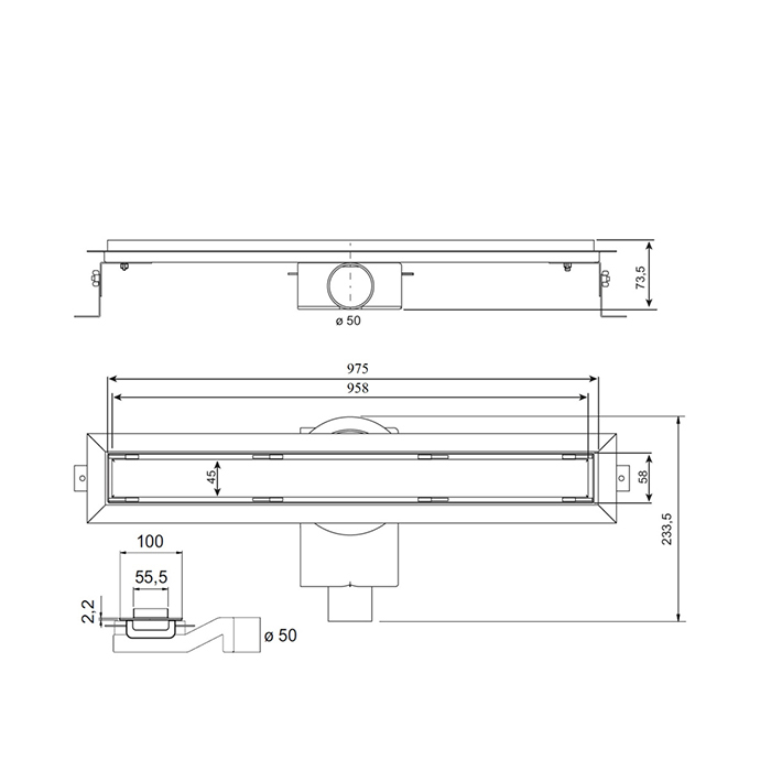 Plumberia Selection Трап душевой PS IN-TILE 6x100 2устор. накладка из нерж.стали, комбинир.затвор с горизонт. Выпуском Ду 50мм,40л/мин, цвет: золото 24К