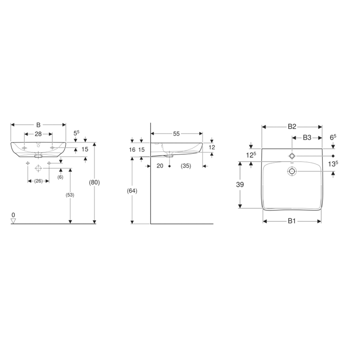 Geberit Selnova Comfort Раковина 65х55х16см., подвесная, 1 отв., для ММГН, цвет: белый глянцевый