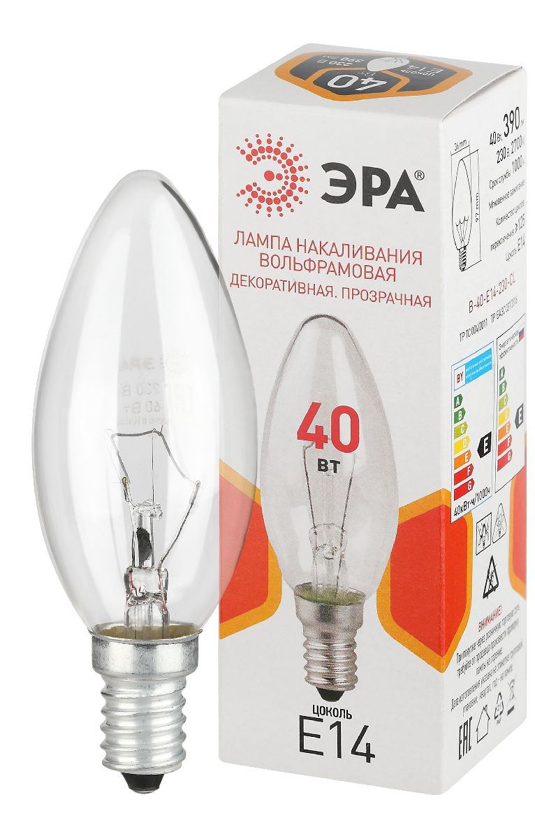 Лампа накаливания Эра B-40-E14-230-CL свечка Б0066509