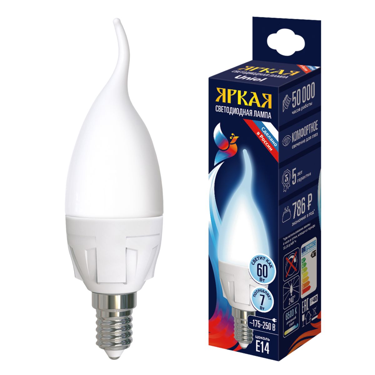 Лампа светодиодная Uniel LED-CW37 7W/6500K/E14/FR PLP01WH UL-00011016