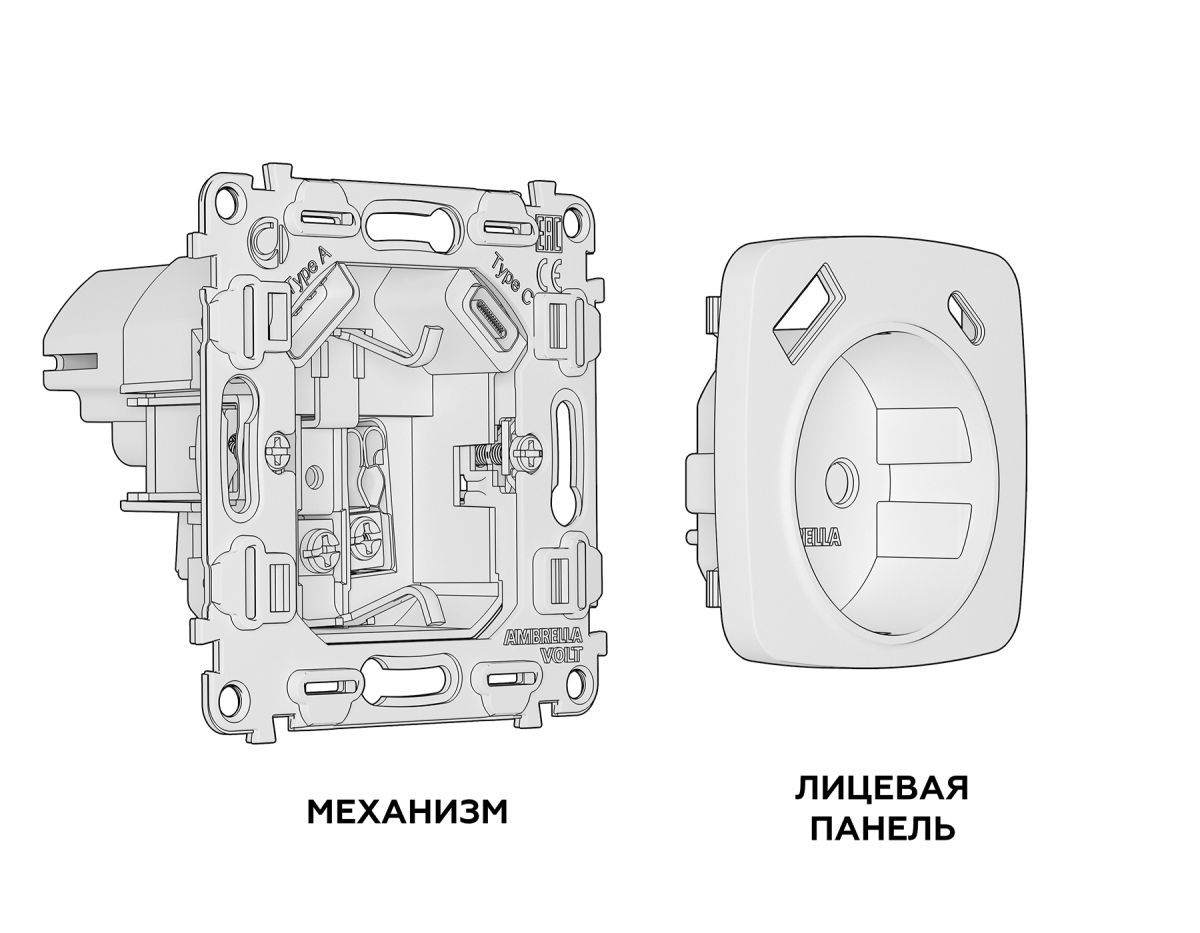 Комплект механизма электрической розетки USB A+C 20W Ambrella Volt Omega (OP1100, VM160) MO110010