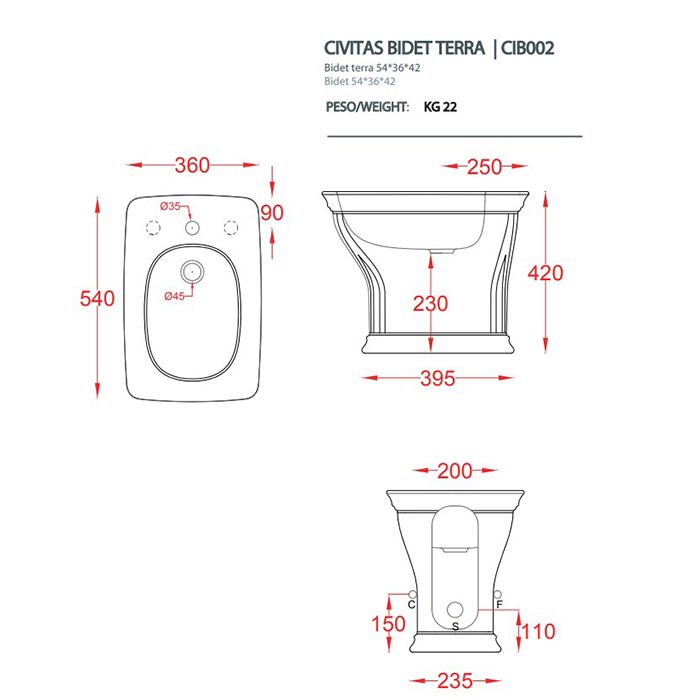 Artceram CIVITAS Биде напольное 36х54 см, с крепеж. с 1 отв под смес, цвет: белый