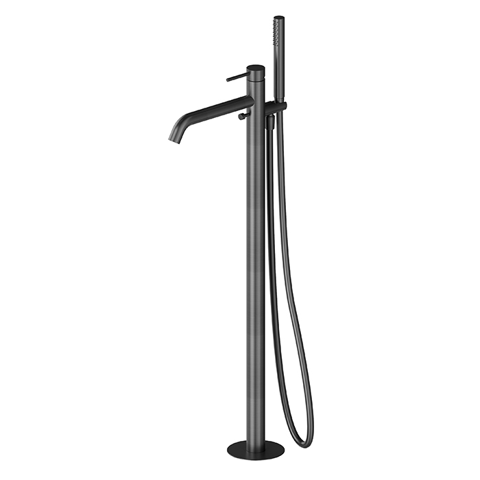 Newform X-STEEL 316 Смеситель для ванны напольный, излив 243 мм, в компл: руч. душ, шланг, без встр. части, цвет: PVD Brushed gun metal