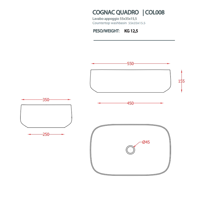 Artceram Cognac Раковина накладная Quadro 55x35 см, saniglaze, цвет: черный матовый