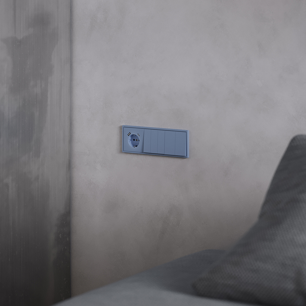 Накладка для розетки с заземлением и защитными шторками, с USB A+C Voltum S70 (деним) VLS001015