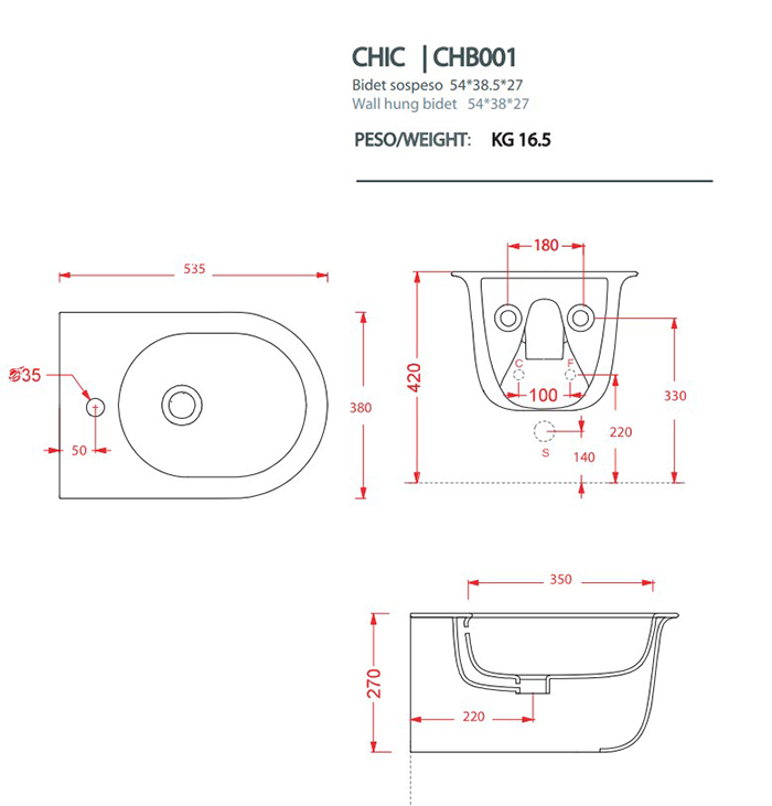 Artceram Chic Биде подвесное 38х53см., с 1 отв., цвет: белый матовый