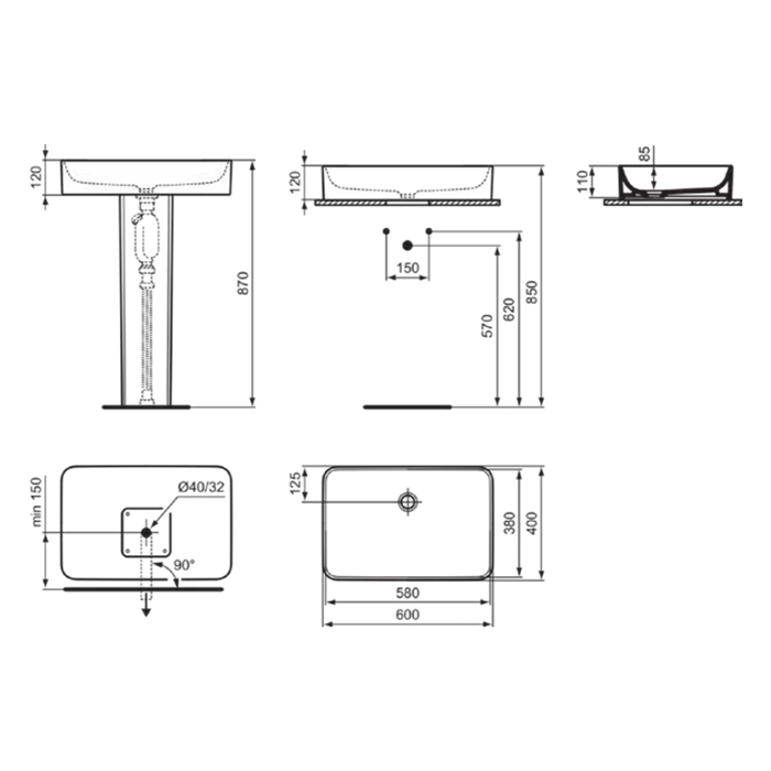 Ideal Standard Conca Раковина накладная 60х40хh12см, прямоугольная, без отв., с крепежом, цвет: белый матовый