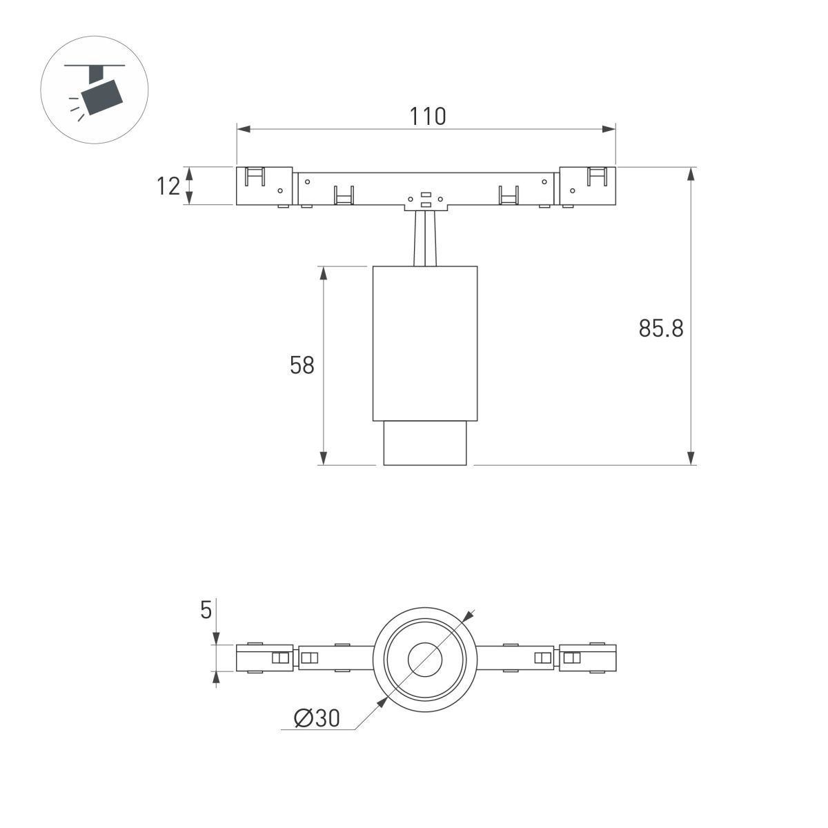 Трековый магнитный светильник Arlight MAG-MICROCOSM-SPOT-ZOOM-R30-2W Warm3000 (BK, 15-45 deg, 24V) (IP20 Металл) 051761