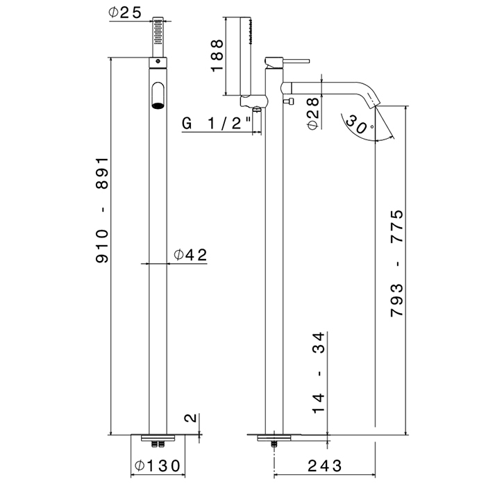 Newform X-STEEL 316 Смеситель для ванны напольный, излив 243 мм, в компл: руч. душ, шланг, без встр. части, цвет: PVD Brushed copper bronz