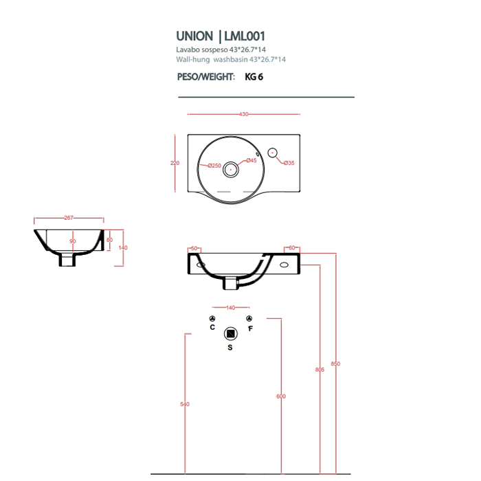 Artceram LAVAMANI UNION Раковина 27х43 см, 1 отв., подвесная, со слив-переливом, цвет: белый