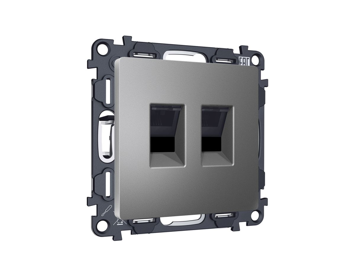 Комплект механизма компьютерной двойной розетки RJ-45 Ambrella Volt MA662110 (8P8C) CAT6 с автоматической защитной шторкой Alfa Антрацит серый Quant