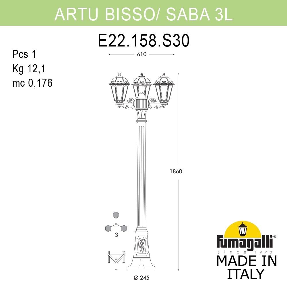 Садово-парковый светильник Fumagalli ARTU BISSO/SABA 3L K22.158.S30.BYE27