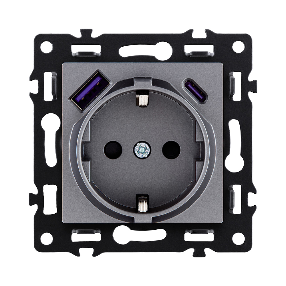 Розетка штепсельная SCHUKO 16A/250 В с USB A+C 20W, серый Kollinger Asthetik AS-016GY