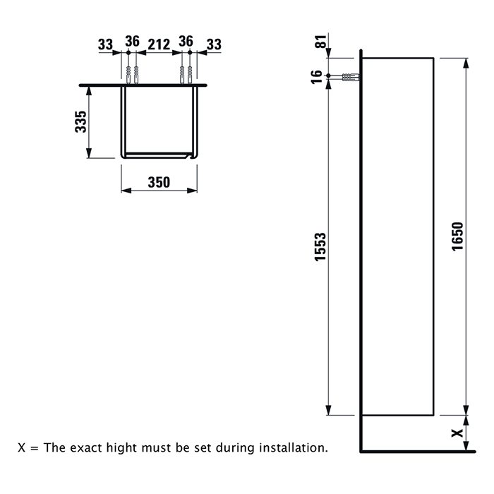 Laufen Base FOR INO Высокий шкаф 35x33x165см, 1 дверца, ручки из анодированного алюминия, SX, 1 фиксированная полка и 4 стеклянных, цвет: светлый вяз
