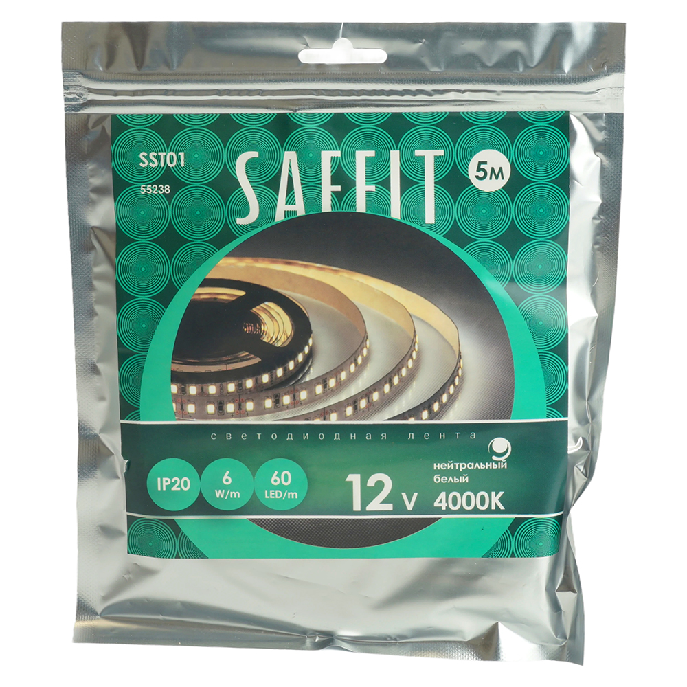 Светодиодная лента Saffit SST01 12В 6Вт/м 4000К 5м IP20 55238
