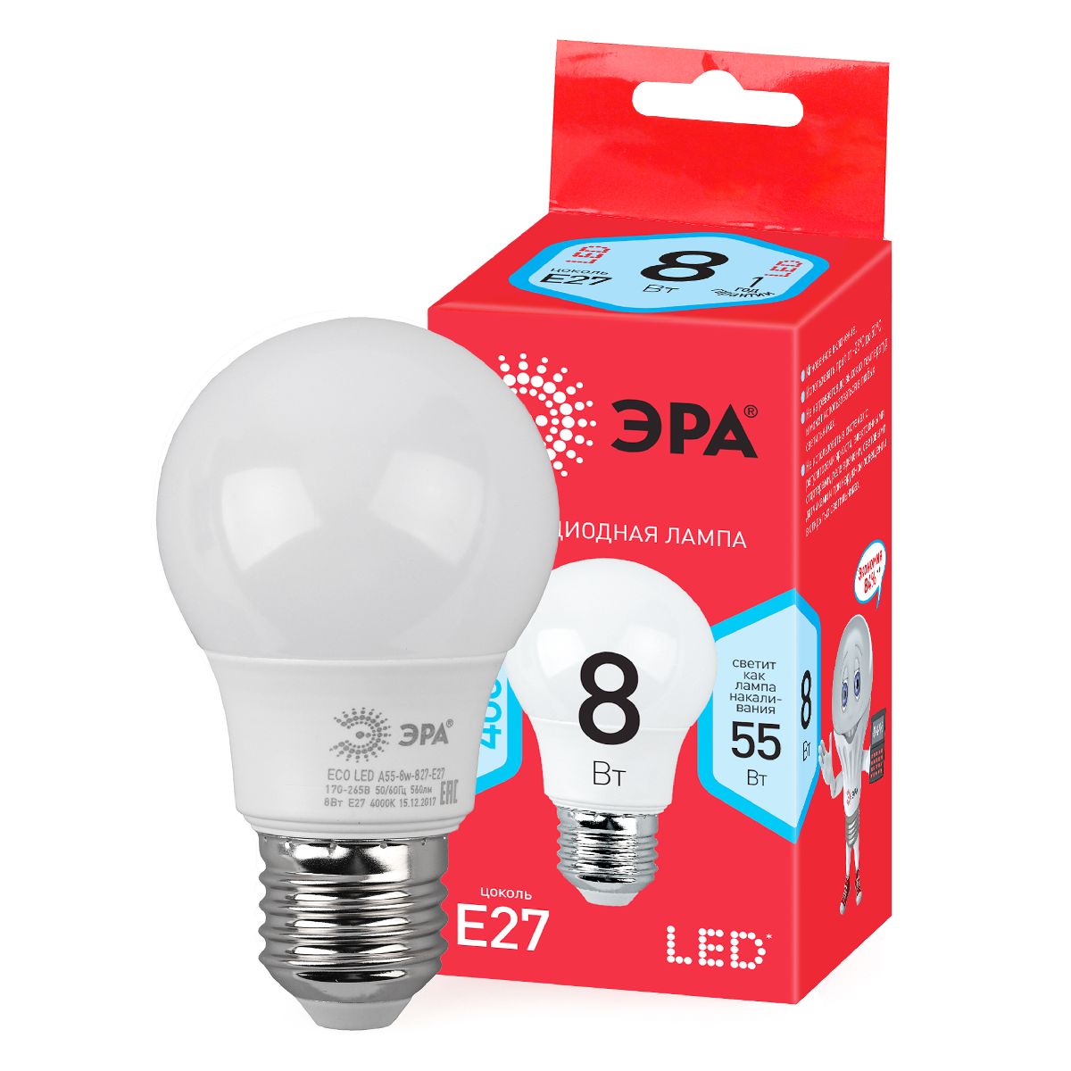 Лампа светодиодная Эра E27 8W 4000K LED A55-8W-840-E27 R Б0052382