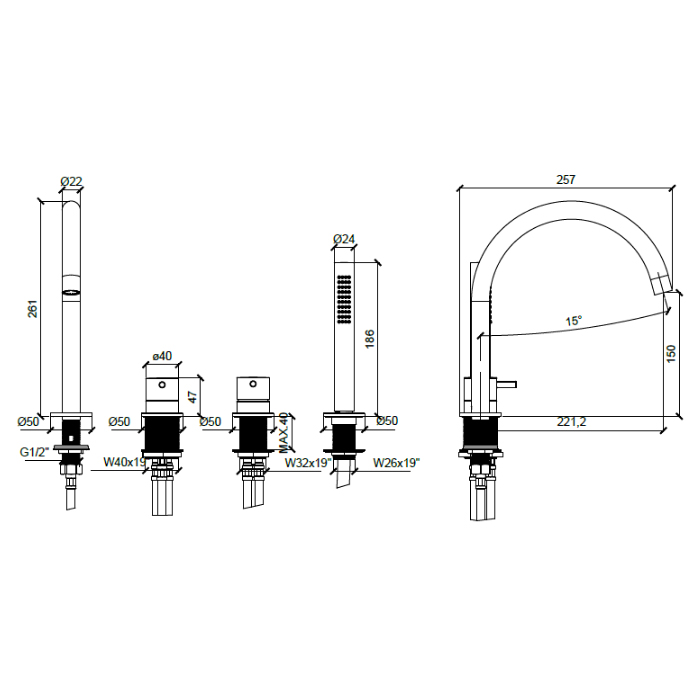 Almar Mixers Смеситель на борт ванны, 4 отв., с ручным душем, цвет: никель брашированный