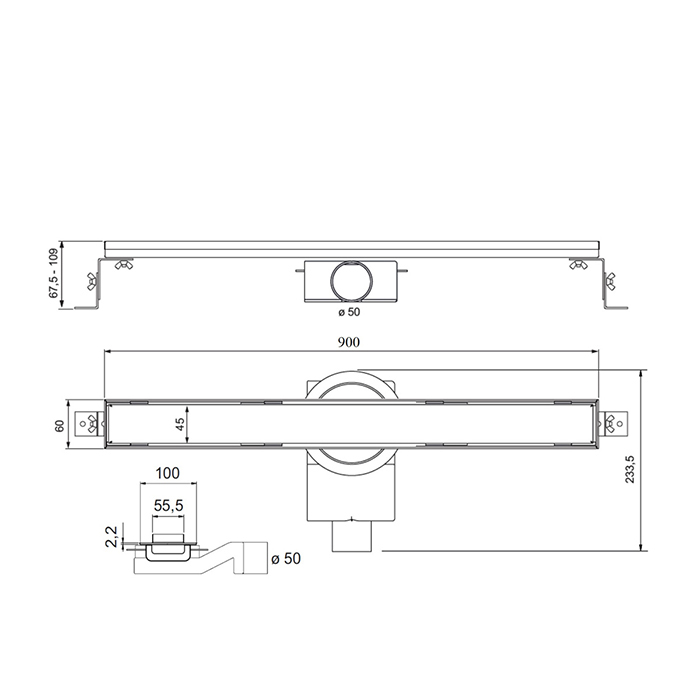 Plumberia Selection Трап душевой PS LINEAR 6x90 2устор. накладка из нерж.стали, комбинир.затвор с горизонт. Выпуском Ду 50мм,40л/мин, цвет: черный матовый