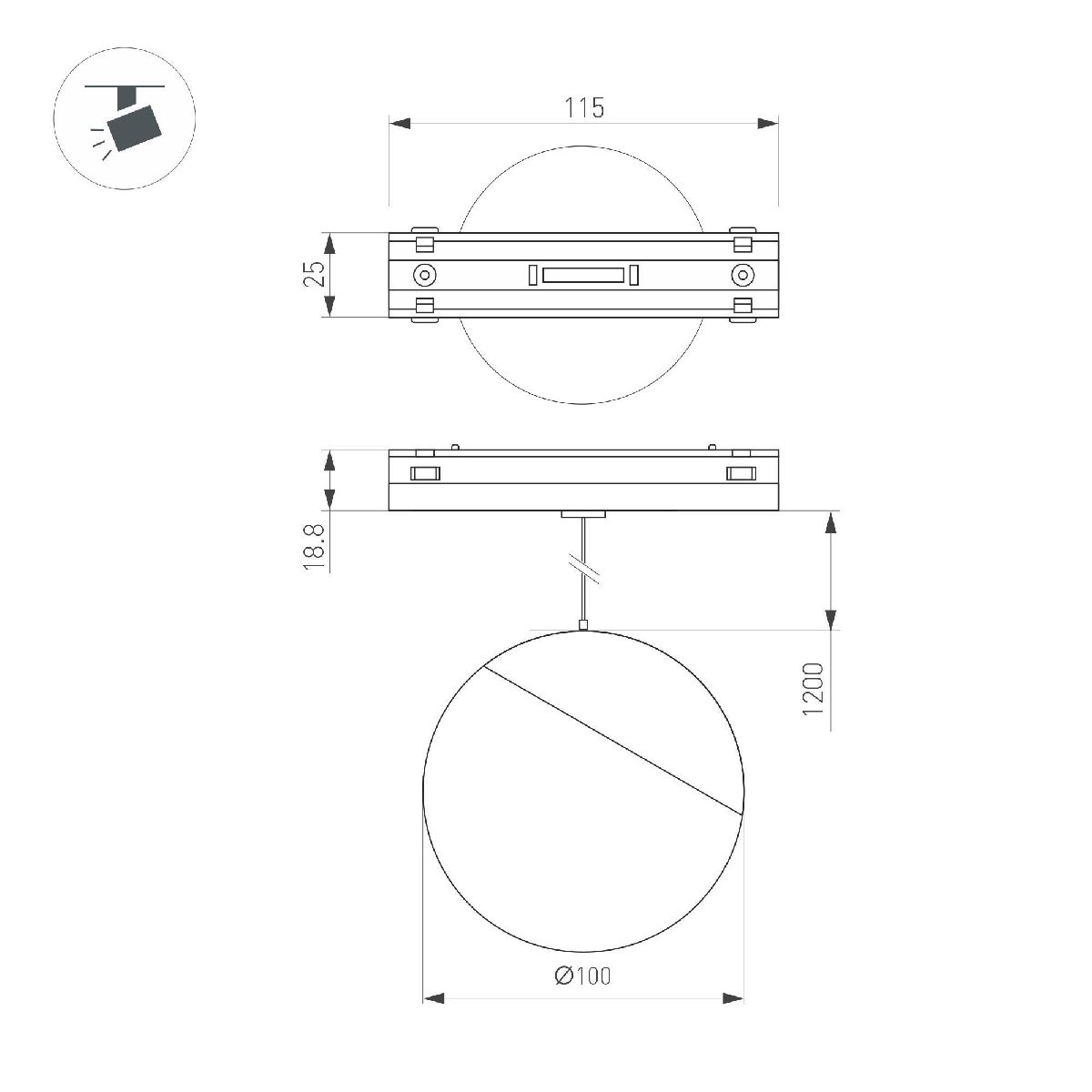 Трековый магнитный светильник Arlight MAG-VIBE-EMISFERO-HANG-R100-6W Day4000-MIX (BK, 130 deg, 48V, DALI) 045012