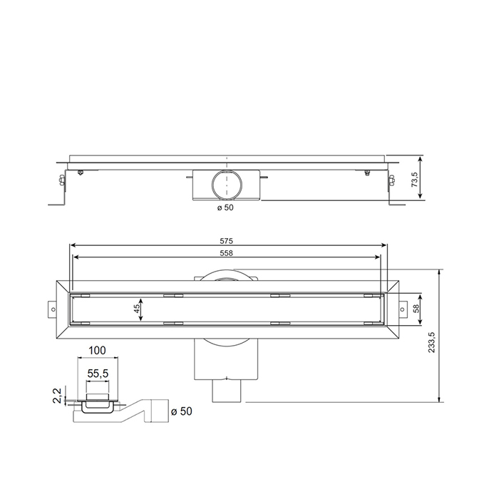 Plumberia Selection Трап душевой PS IN-TILE 6x60 2устор. накладка из нерж.стали, комбинир.затвор с горизонт. Выпуском Ду 50мм,40л/мин, цвет: черный матовый