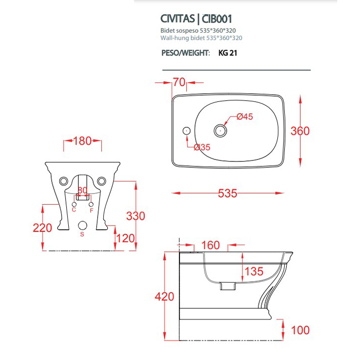 Artceram CIVITAS Биде подвесное 36х54 см, с крепеж. с 1 отв под смес, цвет: белый