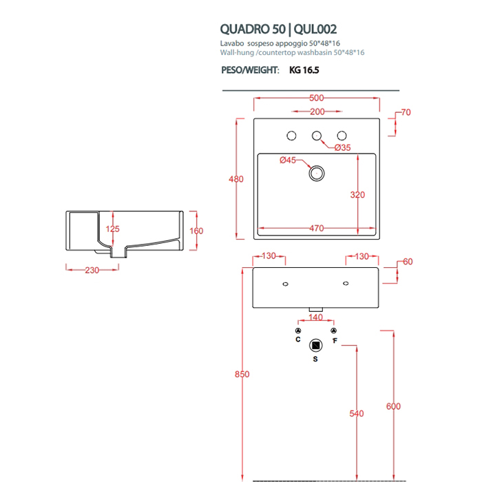 Artceram Quadro Раковина 50х48 см, 1 отв., с переливом, цвет: белый глянцевый, декор: Cementina