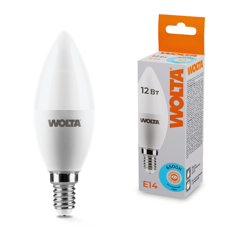 Светодиодная лампа WOLTA 12Вт 6500K Е14 свеча матовая 25WC12E14