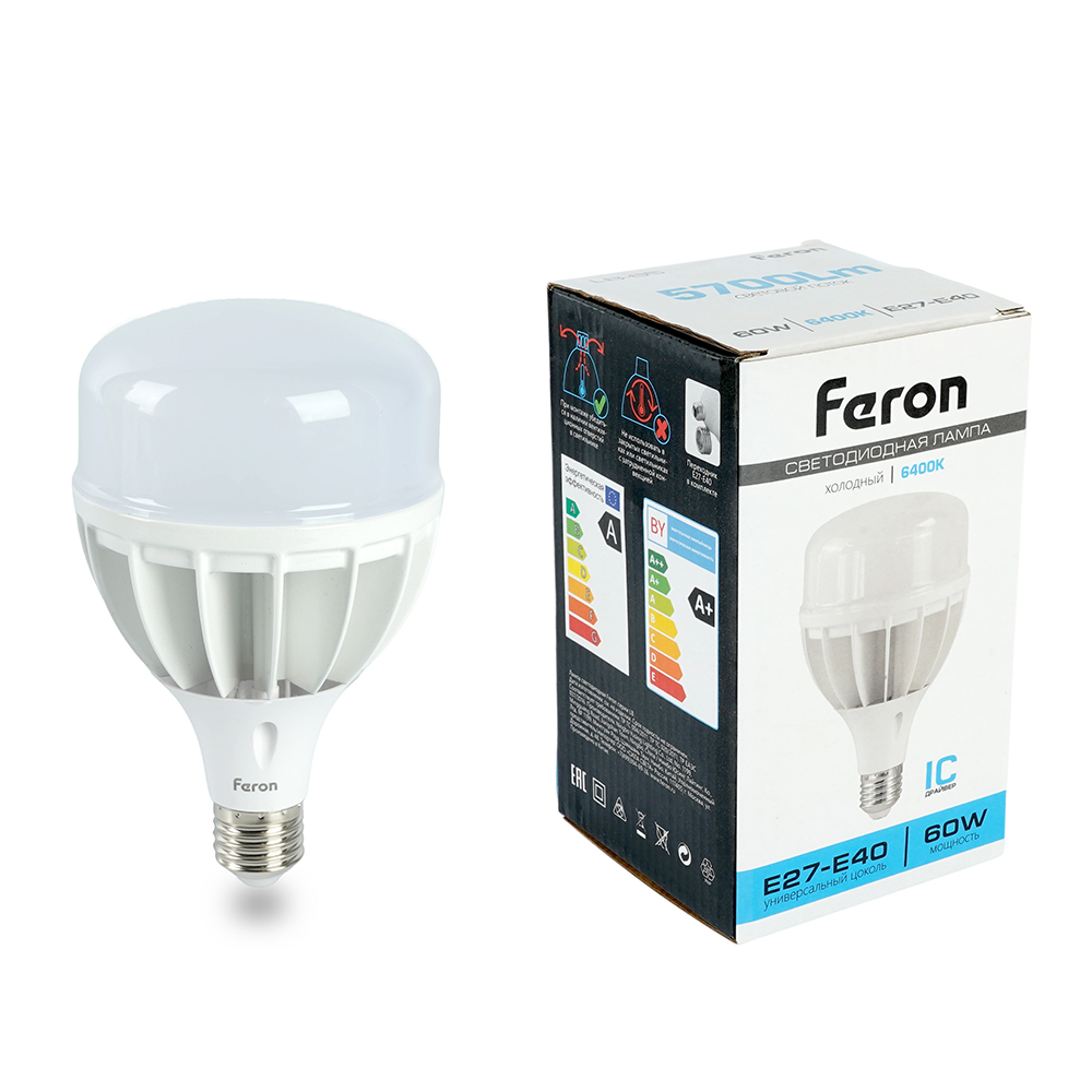 Лампа светодиодная Feron E27-E40 60W 6400K Цилиндр Матовая LB-65 25782