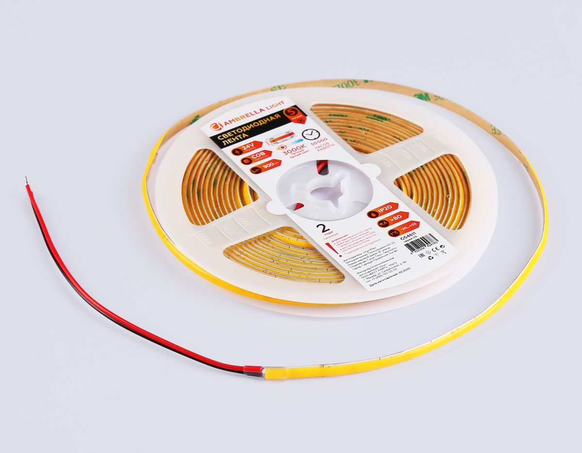 Светодиодная лента Ambrella Light COB 400Led/10W m/ 24V IP20 3000K/ 5m*5mm*2.1mm (2 конт.) GS4611