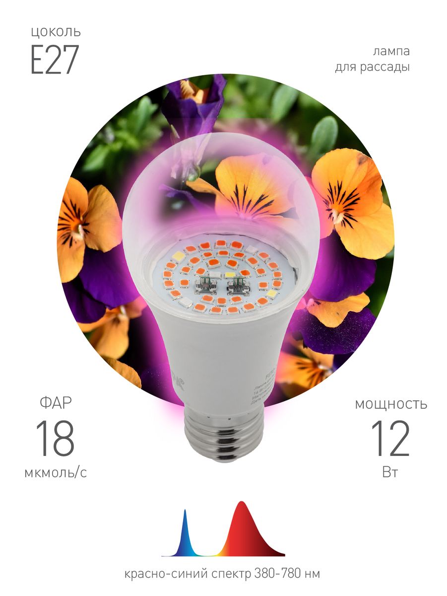 Фитолампа для растений светодиодная ЭРА E27 12W 1310K FITO-12W-RB-E27-K Б0039070