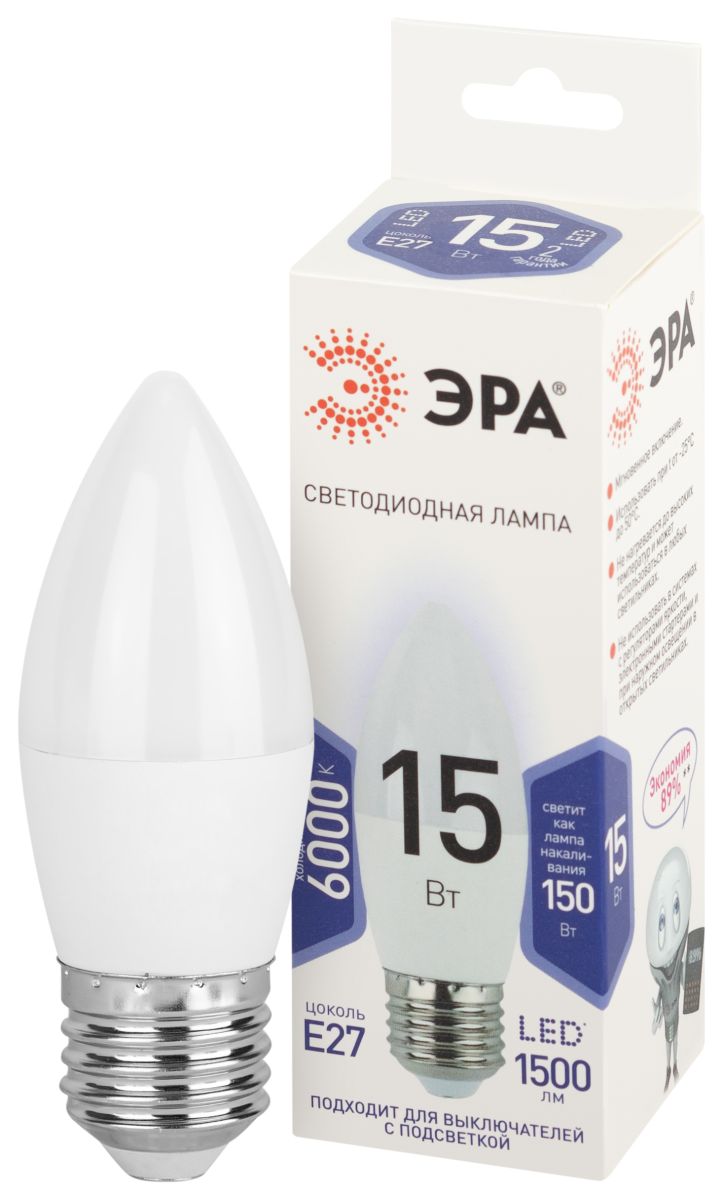 Лампа светодиодная Эра STD LED B35-15W-860-E27 6500K свеча Б0066800