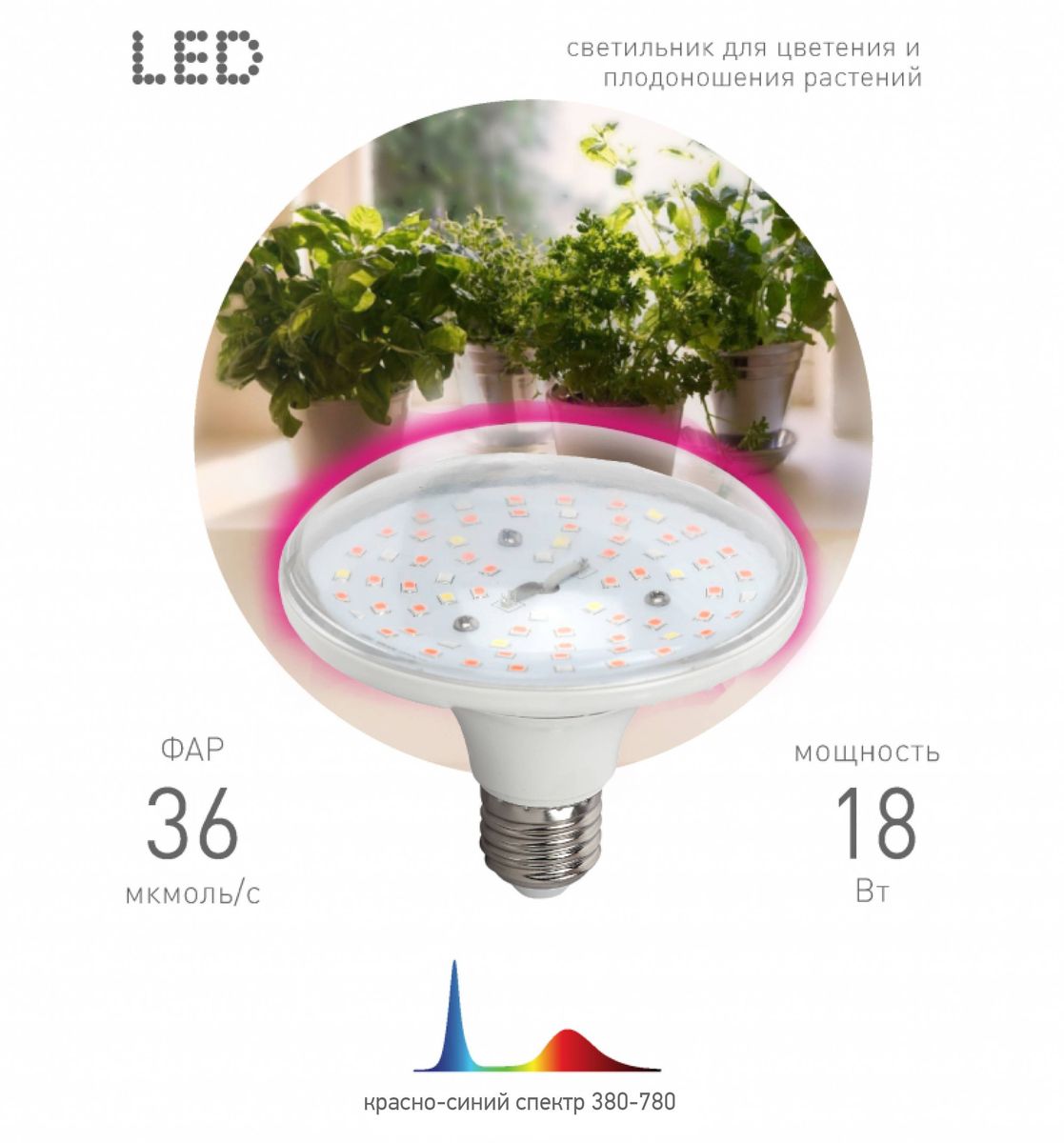 Фитолампа для растений светодиодная ЭРА E27 18W 2370K FITO-18W-RB-E27 Б0049533