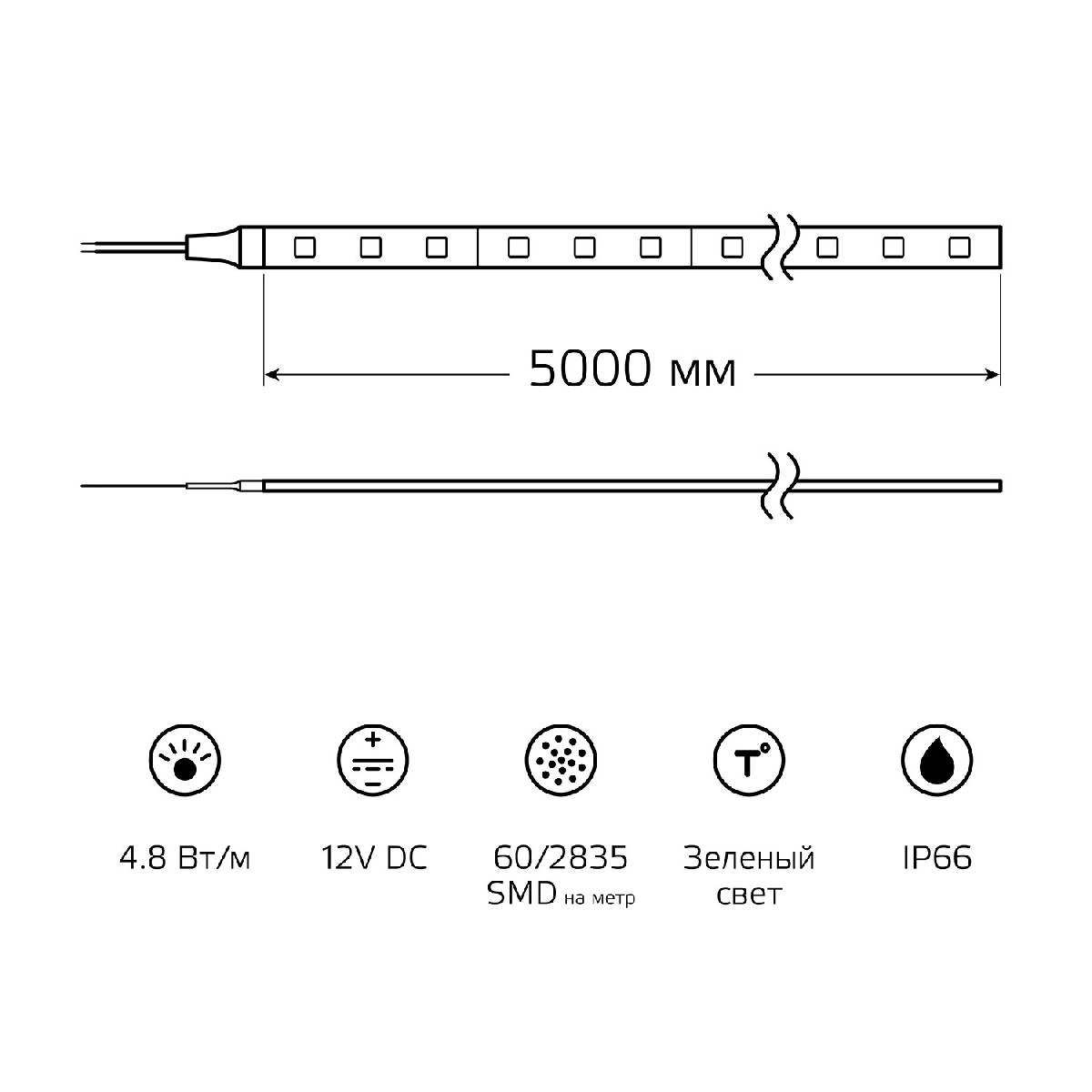 Светодиодная влагозащищенная лента Gauss 4,8W/m 60LED/m 2835SMD зеленый 5M 311000605