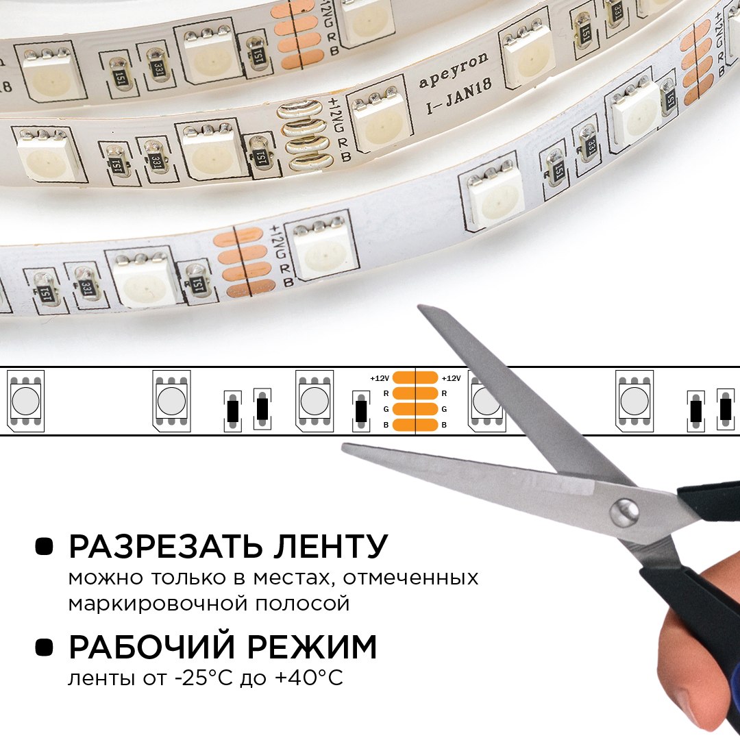Комплект светодиодной ленты Apeyron 12В 14.4Вт/м smd 5050 60 д/м IP20 5 м RGB (блок, коннектор, контроллер) 10-33