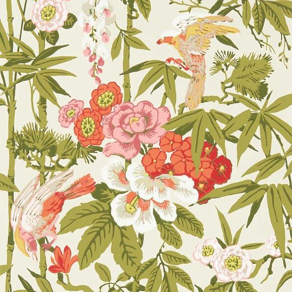 Обои Sanderson 217128 Bamboo & Birds Mandarin Red/Olive