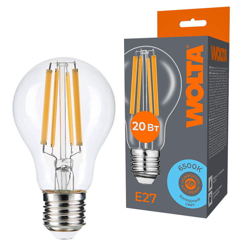Лампа светодиодная филаментная WOLTA 20Вт 6500K Е27 груша прозрачная WF-A60-20W6KE27