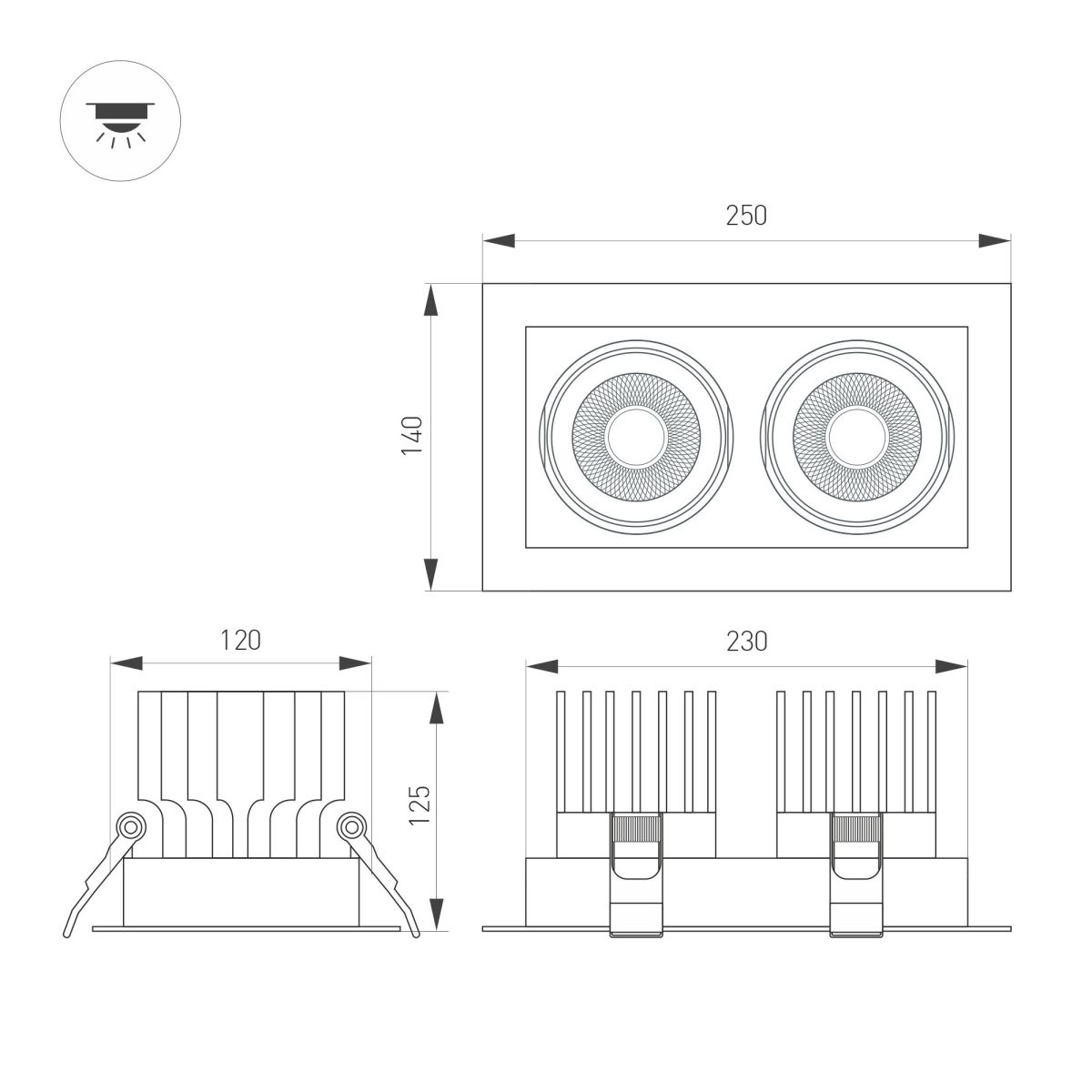 Встраиваемый карданный светильник Arlight MS-VORTEX-BUILT-S250x140-2x30W Warm3000 (WH-WH, 17 deg, 230V) (IP20 Металл) 057767