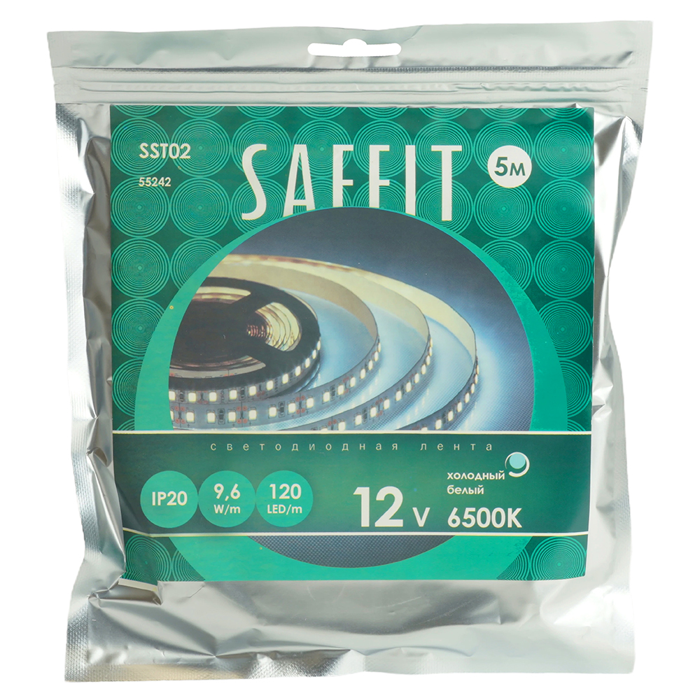 Светодиодная лента Saffit SST02 12В 9,6Вт/м 6500К 5м IP20 55242
